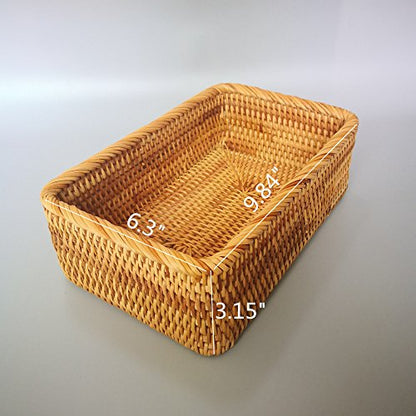 Handmade Rectangle Wicker Fruit Box Rattan Tray Magazine Organizer and Small Objects Container Serving Basket (Medium) - size: Medium