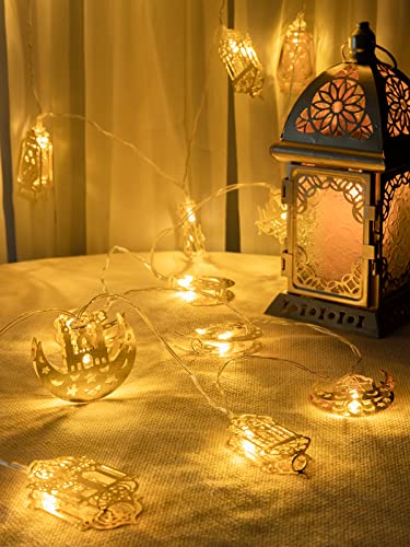 Ramadan Eid String Light - 9.8 ft 20 LEDs Mubarak String Light, Muslim String Decor with Moon Star Kerosene Lantern Palace Ornaments for Islamic Indoor Outdoor Home Garden Party Supplies - White Bulb - style: Lantern & Palace
