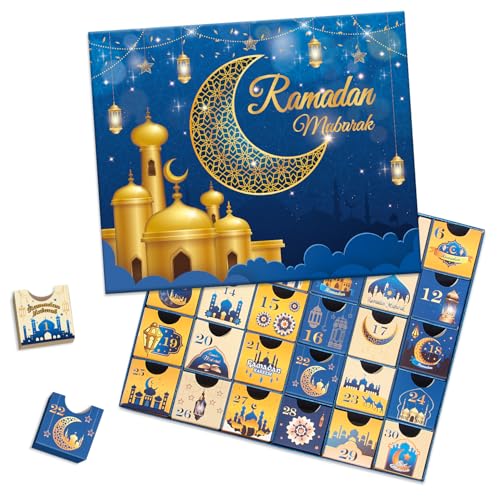 Ramadan Advent Calendar with Drawers, 30 Empty Boxes for 30 days, Eid Mubarak Coutdown Calendar Fillable Ramadan Gift Box, Islamic Art, Cardboard Number Storage Box, Ramadan Party Supplies - Blue