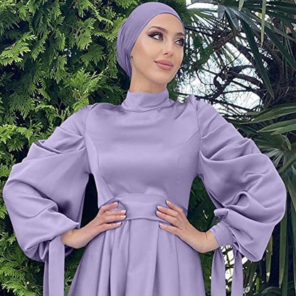 OBEEII Muslim Dress for Women Loose Full Cover Long Abaya Satin Dress Kaftan Abayas Islamic Robe S-XXL - color: Purple+hijab, size: Small