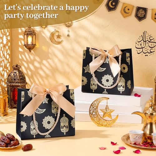 Marspark 30 Pcs Ramadan Mubarak Reusable Gift Bags with Bow, Black Gold Foil Stamping, Eid Lantern Treat Bags with Handles, Reusable Eid for Gifts Wrapping, Kareem Party Supplies, 14 * 6 * 12cm - style: Eid Lantern