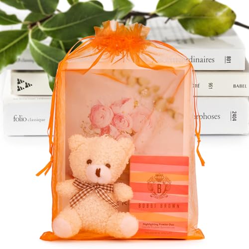 ANZNKU 100Pcs Large Organza Bags 8x12, Small Mesh Gift Bag Drawstring Bulk - color: Orange