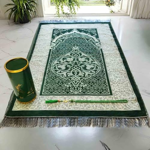 Portable Muslim Prayer Rug and Beads with Gift Box, Soft Islamic Prayer Mat,Travel Praying Mat for Men and Women, Prayer matt Islam Gifts Set, Sajadah/Janamaz/Seccade/سجادة صلاة (Green) - color: Green