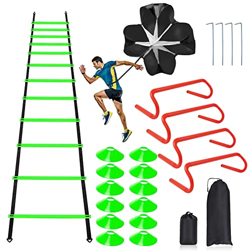 Speed & Agility Ladder Training Equipment Set, Includes 12 Rung 20ft Agility Ladder, 4 Agility Hurdles,12 Disc Cones, 1 Resistance Parachute for Training Football Soccer Basketball Athletes - color: green