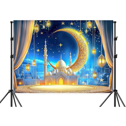 JAWO 7X5ft Ramadan Eid Mubarak Backdrop Banner, Ramadan Mubarak Photography Backdrop Night Lantern Moon Star Castle Islamic Muslim Eid Party Decoration Supplies Banner Photo Booth Prop