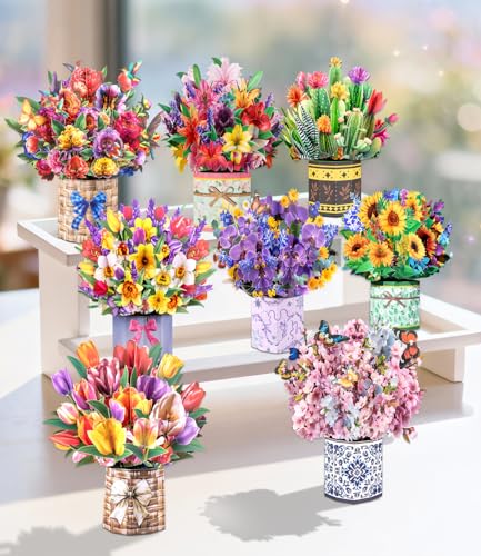 Magic Ants 8 Pack 3D Pop Up Flower Bouquet Cards Assortment – Beautiful Spring Floral Greeting Cards with Envelopes and Black Notes –for Birthday, Mother's Day, Thank You, Get Well - style: Petal Pack 8