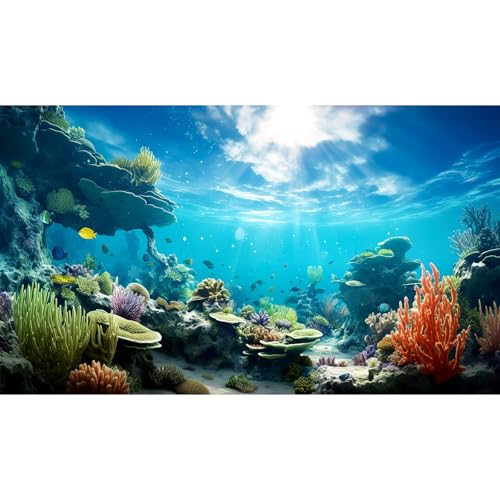 Ocean Aquarium Background Underwater Coral Reef Seascape Fish Tank Background Under Water Seaweed Floor Terrarium Backgrounds Cave Sunlight Fish Tank Backgrounds Aquarium Wallpaper Poster 72x24in - size: 72(W)x24(H)inches/ 180(W)*60cm(H)