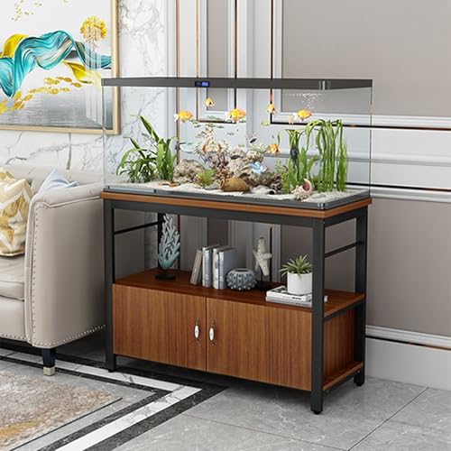 55-75 Gallon Fish Tank Stand, Metal Frame Aquarium Stands, with Shelves and Storage Cabinet for Fish Tank Accessories Storage, for Home Office Black frame + teak 60x30x70cm - color: Black frame + teak, size: 60x30x70cm