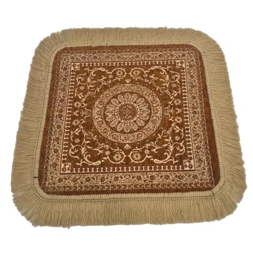 Soft Chenille Prayer Mat | Traditional Mandala Floral Pooja Aasan with Golden Fringes | Multipurpose Square Rug for Meditation, Yoga, Puja Room & Home (Gold, 1.5x1.5 Feet) - color: Gold, size: 1.5x1.5 Feet
