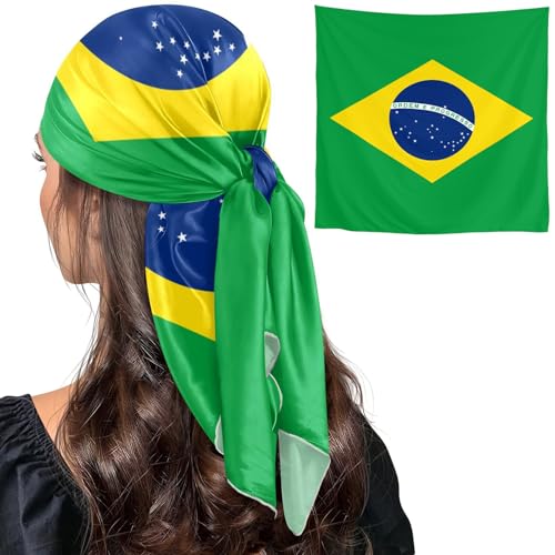 Bandana Square Head Scarf for Women Satin Hair Wrap Fashion Headband 27" - color: Brazil Flag