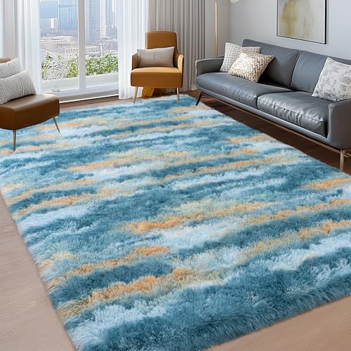 4x6 Shag Rugs for Bedroom, Washable Abstract Blue Yellow - color: Abstract Blue Yellow, size: 4' x 6' (Rectangular)