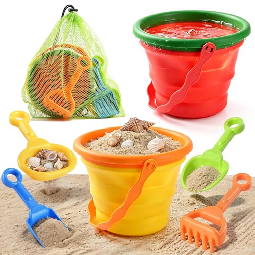 Collapsible Beach Toys for Kids, 2 Packs Foldable Silicone Sand Buckets Set with 4 Packs Sand shovels and Mesh Bag, Travel Beach Essentials for Sandbox, Pool, Camping,Fishing, Summer Party Favors - color: Red-yellow