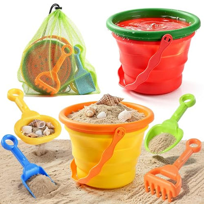 Collapsible Beach Toys for Kids, 2 Packs Foldable Silicone Sand Buckets Set with 4 Packs Sand shovels and Mesh Bag, Travel Beach Essentials for Sandbox, Pool, Camping,Fishing, Summer Party Favors - color: Red-yellow