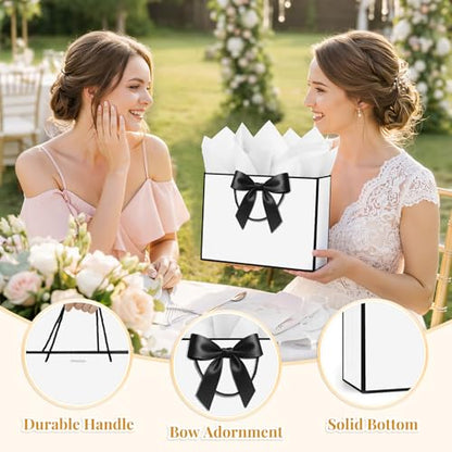 ANZNKU 2PCS White Gift Bags Medium, Gift Bags with Handles 4 Tissue Paper 2 Ribbons 2 Cards for Women & Men Birthday Graduation Wedding Engagement Bridal Baby Shower Presents Party Favors Wrapping - color: Classic White