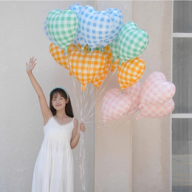 Blue Grid Heart Balloons, 10PCS Light Blue Foil for Boys Birthday Party - color: Blue Grid