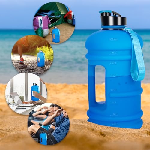 TOOFEEL 2 Liter Water Bottles - Half Gallon BPA Free - Ideal for Gym, Reusable Large Water Bottle with Measurements Marked - 74 oz Matte Blue - color: Matte Dark Blue, style: 74 oz water bottle