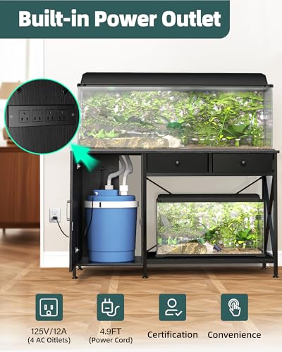 55-75 Gallon Aquarium Stand with Cabinet Drawer, Power Outlet,Black | Fish Tank Stand,Heavy Duty Metal for Turtle Tank , Reptile Terrarium,Fits Office Home,48"x 19"MDF Tabletop,1200lbs Capacity - color: Blcak, size: 55-75 Gallon