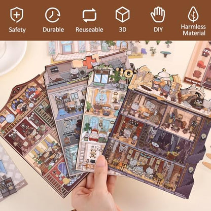 Girls 3D Miniature Scene Stickers, 4 Sets Magic Apprentice DIY House Stickers for Archaeological,Detective,Laboratory,Hotel,Cute 3D Cartoon Scene Stickers for Adult Kids Relief Stress Pass The Time - style: Magic Apprentice
