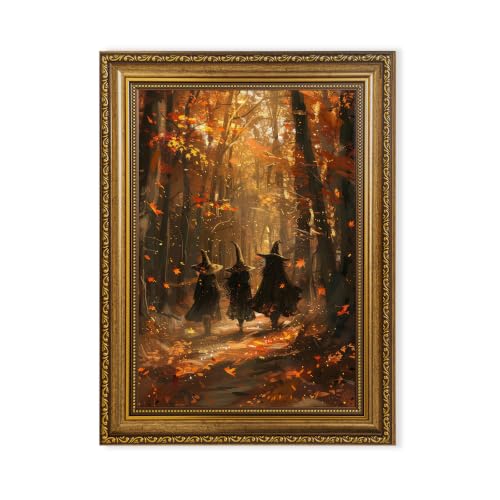 Urmoya Halloween Witch Vintage Gold Framed Dark Forest Wall Art 12x16 in - color: witch, size: 16"L x 12"W