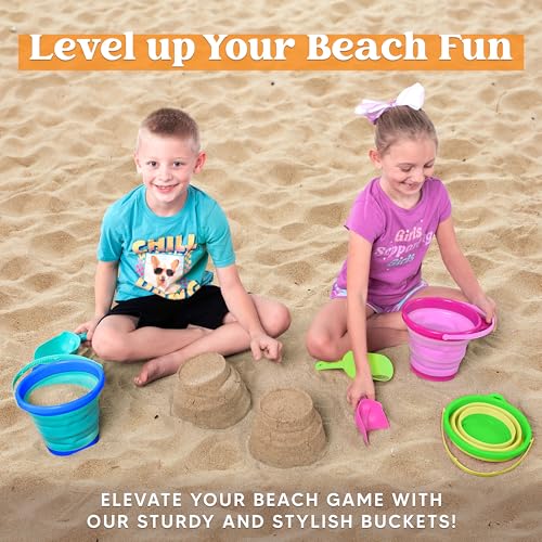 JOYIN 3 Packs Foldable Pail Bucket with Shovels & Mesh Bag, Collapsible Buckets Multi Purpose for Beach, Camping Gear, Beach Party, Fishing, and Fun Summer Activities (Blue/Pink/Green) - color: Blue/Pink/Green