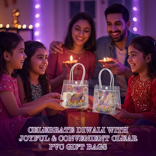 Aliceset 24 Pcs Happy Diwali Clear PVC Gift Bags with Handle, Clear PVC Diwali Goodie Bags Reusable Party Favor Bag for Indian Deepavali Party Supplies(tea Light, 6.31"x 5.91"x 3.15") - style: Tea Light