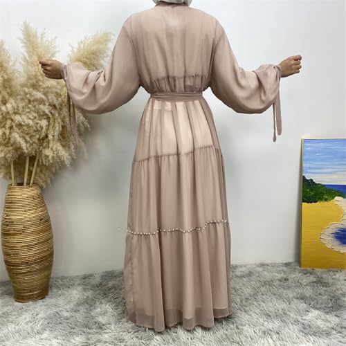 Abayas For Women Muslim Ramadan Long Sleeve Open Front Imitation Pearls Tiered Chiffon Dress Cardigan with Belt Dubai Kaftan - color: Apricot, size: Medium