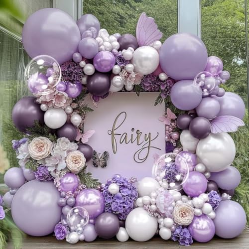 Purple White Balloon Garland Double Stuffed Light White Lilac Balloons Pearl Balloon Arch Kit For Lavender Fairy Birthday Baby Shower Wedding Wild Flower Bridal Shower Party Decor - color: Purple White