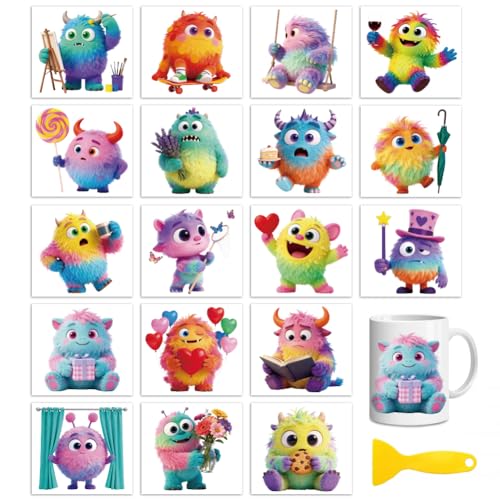 Peacoblue Colorful Monsters Rub On Transfers for Craft, Transfer Sticker | 18 Sheets UV DTF Transfers, Waterproof Rub On Decals for Wood, Glass, Furniture, Tumblers & Home Decor Crafts - style: Colorful Monster Beast