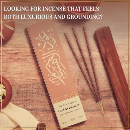 Oud Al Ibtisam Incense Sticks by Dukhni – Floral Oudh Scent | Agarwood Arabian Charcoal Free Incense I 90 Long-Lasting Oud Sticks | Organic & Non Toxic I Relaxing Aroma for Home, Aromatherapy, Prayer