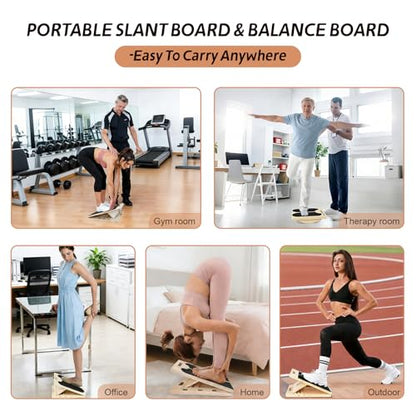 ZALL Slant Board Balance Board 2-in-1 Wooden Adjustable Calf Stretcher | Velour Squat Wedge Wobble Exercise Knee Ankle Heel Foot Pain Relief Incline