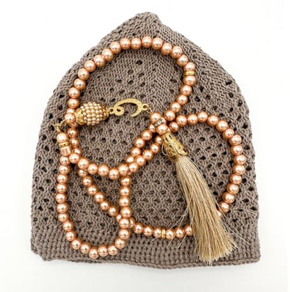 ESERRA Kufi Hats for Men and Women with 99 Tasbih Prayer Beads, Muslim Thick Breathable Skull Cap, Tasbeeh, Prayer Cap - color: Beige
