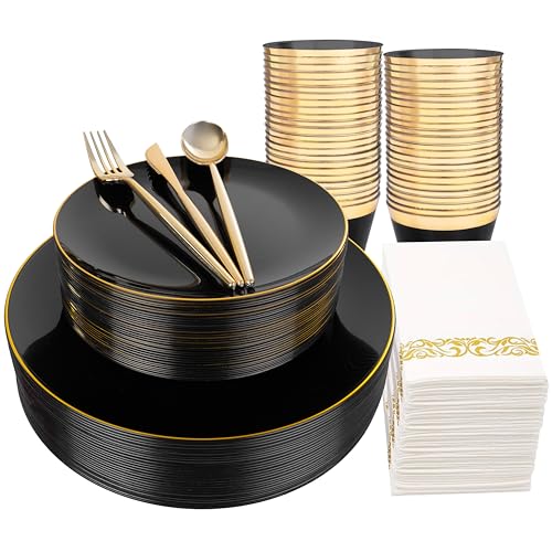 MirthMood 210Pcs Black and Gold Disposable Plates,Black Plates, Black and Gold Plates Include 30 Dinner,Dessert Plate,30 Cup&30 Napkins, 90 Gold Silverware for Wedding & Party & Birthday & New Year - color: Black, size: 210