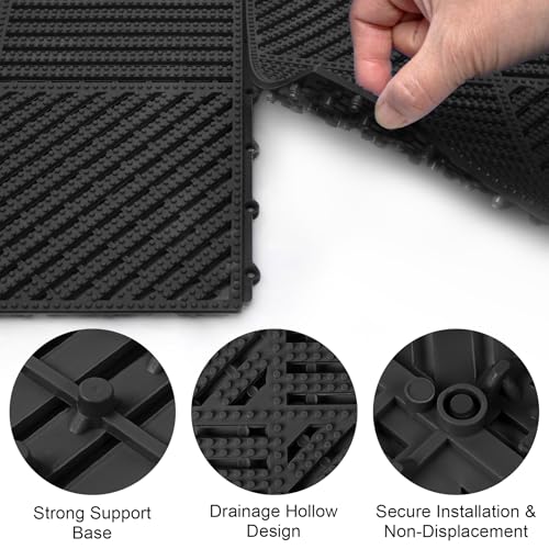 MYFAMIREA Modular Interlocking Cushion 12 Pack 11.8" x 11.8" Rubber Floor Tiles Non-Slip Splicing Drainage Mats for Deck, Pool, Shower, Patio, Balcony, Bathroom, Kitchen, Yard (2 Rows Dots, Black) - size: 12 PCS-2 Rows Dots
