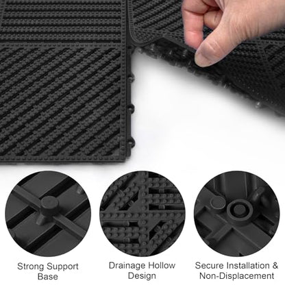 MYFAMIREA Modular Interlocking Cushion 12 Pack 11.8" x 11.8" Rubber Floor Tiles Non-Slip Splicing Drainage Mats for Deck, Pool, Shower, Patio, Balcony, Bathroom, Kitchen, Yard (2 Rows Dots, Black) - size: 12 PCS-2 Rows Dots
