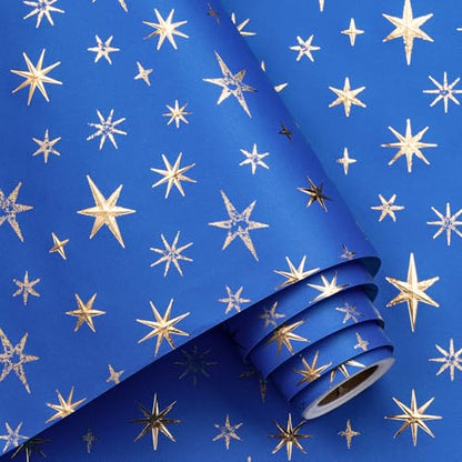 RUSPEPA Blue and Gold Eid Wrapping Paper Roll, Mini Roll, Royal Blue 3D Embossed Foil Star Design, Kraft Gift Wrap Paper for Ramadan, Wedding, Birthday, Baby Shower, Holiday, 17 Inches x 16.4 Feet - color: Blue Gold Foil Star, size: 17 in x 16.4 ft