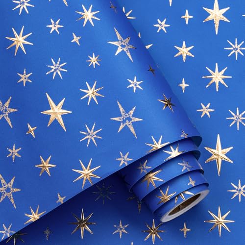 RUSPEPA Blue and Gold Eid Wrapping Paper Roll, Mini Roll, Royal Blue 3D Embossed Foil Star Design, Kraft Gift Wrap Paper for Ramadan, Wedding, Birthday, Baby Shower, Holiday, 17 Inches x 16.4 Feet - color: Blue Gold Foil Star, size: 17 in x 16.4 ft