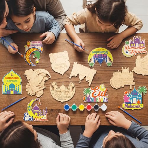 DoubleFill 16 Pcs Wooden Islamic Crafts, DIY Mubarak Tabletop Signs with Paint Strips and Brushes, Paint Your Own Muslim School Classroom Art Activity Kit for Mosque Party Home Decor, Back to School - style: Ramadan