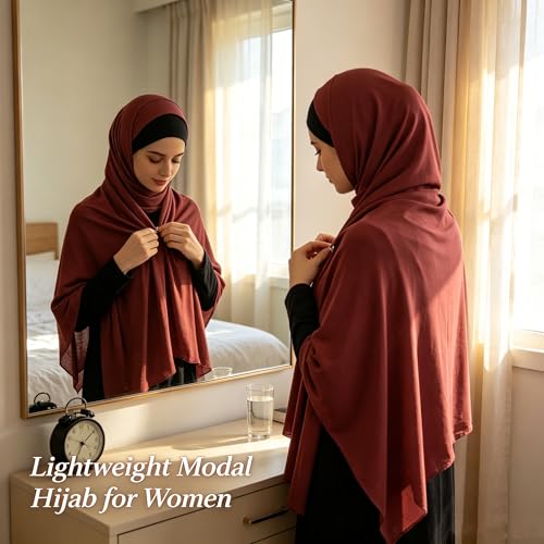 Hijab Scarf for Women, 3PCS Set with Undercap and Hijab Clip Lightweight Modal Muslim Head Wrap Scarf for Daily - color: Sy25-burgundy Hijab+black Undercap