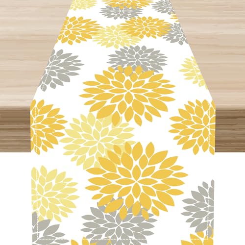 Yellow Grey Table Runner, Geometric Floral Dahlia Vibrant Boho Rustic Spring Modern Art Farmhouse Kitchen Dining Table Decor for Home Party Supplies Indoor Outdoor 13x36 inch - color: Dahlia-8, size: 13x36" Table Runner