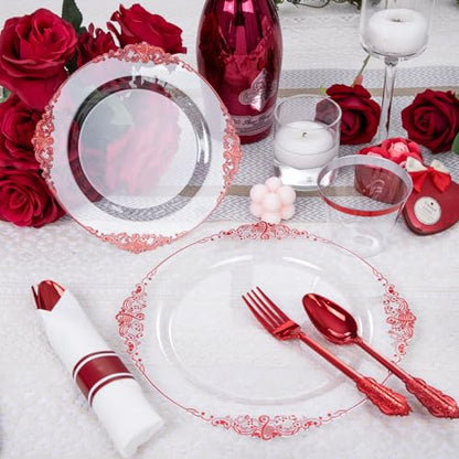 Hioasis 175pcs Clear and Red Plates - Red Party Plates for 25 Guest, Include 50 Heavy-duty Plates(20% Thicker Than Standard), 25 Pre Rolled Gold Plastic Silverware Set, 25 Cups for Graduation - color: Clear and Red