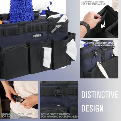 SCAVATA Wearable Cleaning Caddy Bag, Cleaning Caddy Supplies Organizer with Handle & Shoulder Straps for Housekeepers, Under Sink & Car Cleaning Tool Organizers with 4 Foldable Divider Navy (DarkBlue) - color: DarkBlue
