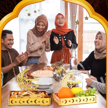 DoubleFill Ramadan Serving Tray Gold Eid Mubarak Holder Al-fitr Home Decoration for Moon Star Tray Gold Container for Home Islamic Muslim Party Tableware Kitchen Dessert Food Storage(Ramadan Kareem) - style: Ramadan Kareem