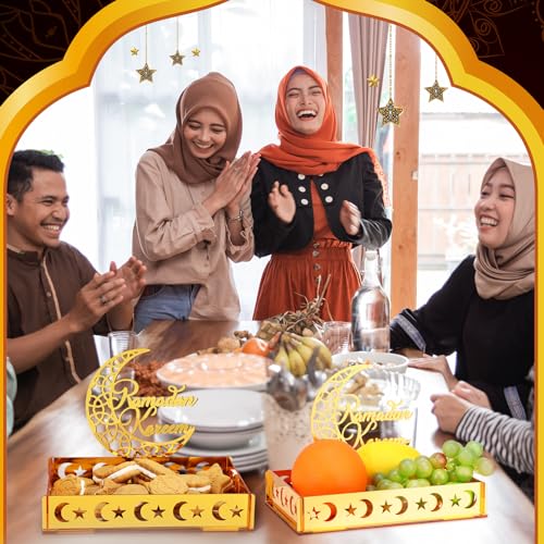DoubleFill Ramadan Serving Tray Gold Eid Mubarak Holder Al-fitr Home Decoration for Moon Star Tray Gold Container for Home Islamic Muslim Party Tableware Kitchen Dessert Food Storage(Ramadan Kareem) - style: Ramadan Kareem