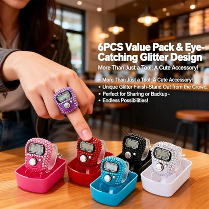 INSYOHO 6PCS Electronic Finger Counter with Glitter - 5 Digit Resettable Hand Tally, LCD Digital Clicker for Tasbeeh, Sports, Inventory Counting