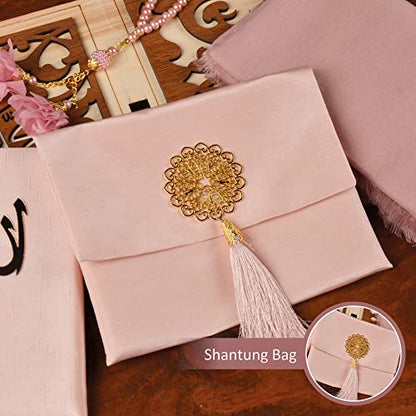 BABY SHOWER CHOCOLATE Prayer Rug Islamic Gift Set, Velvet Prayer Mat, Prayer Beads, Scarf and Yaseen Book, Perfect Family and Muslim Eid Gifts (Pink) - color: Pink