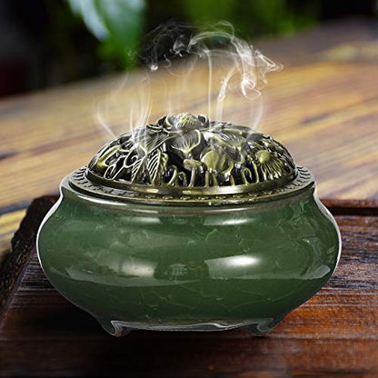 Miupoo Stick Incense Burner and Cone Incense Holder with Brass Incense Stick Holder Ceramic Ash Catcher (Dark Green) - color: Dark Green