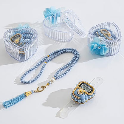 Islamic Tasbih Prayer Beads & Digital Tasbeeh Counter Set – 3 Pack Muslim Prayer Gift for Dhikr, Meditation & Ramadan, Elegant Beads with LCD Finger Counter in Heart-Shaped Gift Box (Blue) - color: Blue