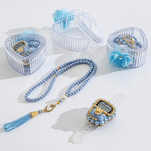 Islamic Tasbih Prayer Beads & Digital Tasbeeh Counter Set – 3 Pack Muslim Prayer Gift for Dhikr, Meditation & Ramadan, Elegant Beads with LCD Finger Counter in Heart-Shaped Gift Box (Blue) - color: Blue