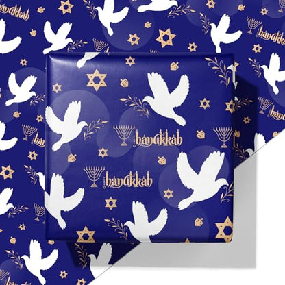 Cuitpan Hanukkah Wrapping Paper - Festival Gift Wrap with Doves, Menorahs, Star of David & Hanukkah Design - Perfect for Jewish Holiday Presents - 40×28 Inches, 4 Folded Sheets - color: Blue-Hanukkah
