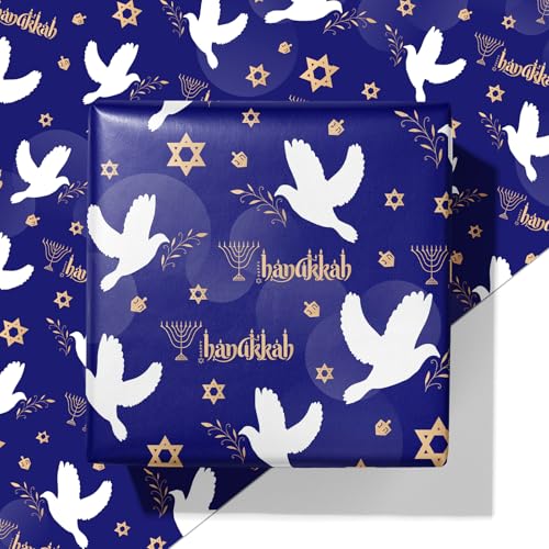 Cuitpan Hanukkah Wrapping Paper - Festival Gift Wrap with Doves, Menorahs, Star of David & Hanukkah Design - Perfect for Jewish Holiday Presents - 40×28 Inches, 4 Folded Sheets - color: Blue-Hanukkah
